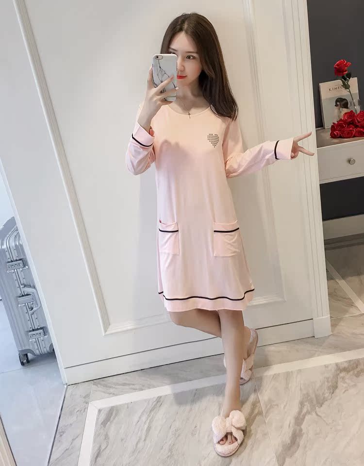 Mùa xuân và mùa thu cotton modal dài tay pad áo ngủ nữ đồ ngủ lỏng đơn giản giản dị mặc áo ngực dịch vụ nhà áo đầm mặc ở nhà