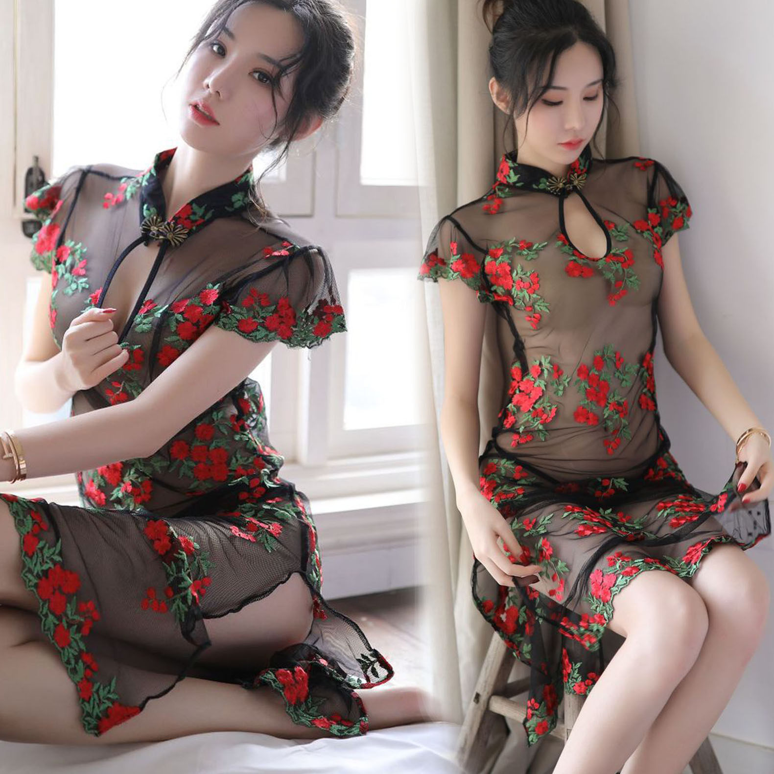 Love lingerie Classical Qipao Gown Clairvoyant transparent long skirt Ancient wines Seductive Disturbance Fire Hot Suit Woman