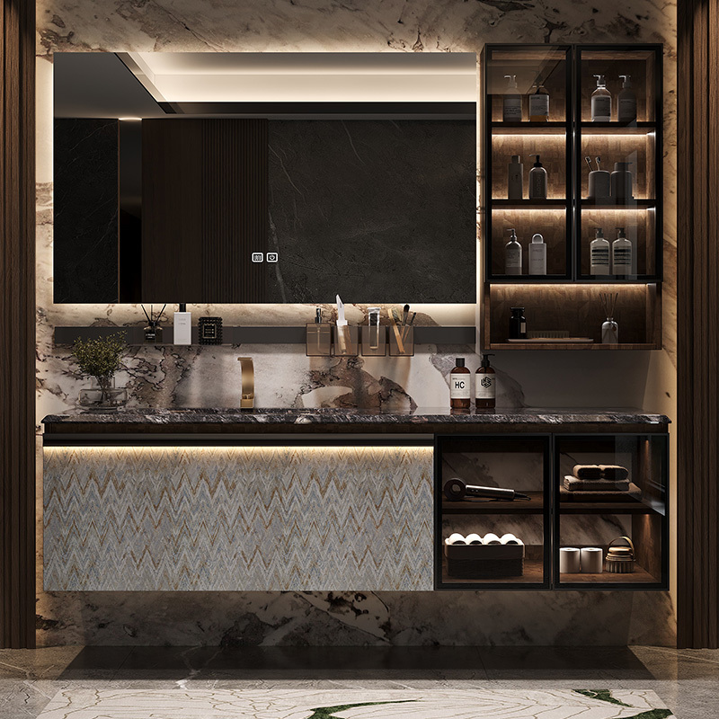 Italian-Style Light Luxury Bathroom Cabinet Set, Hotel-Style Bathroom with Luxurious Stone Ceramic Basin, Washbasin, Sink, and Vanity
