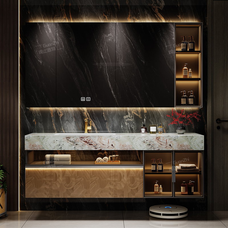 Italian-Style Light Luxury Bathroom Cabinet Set, Hotel-Style Bathroom with Seamless Ceramic Basin, Washbasin for Washing Hands and Face