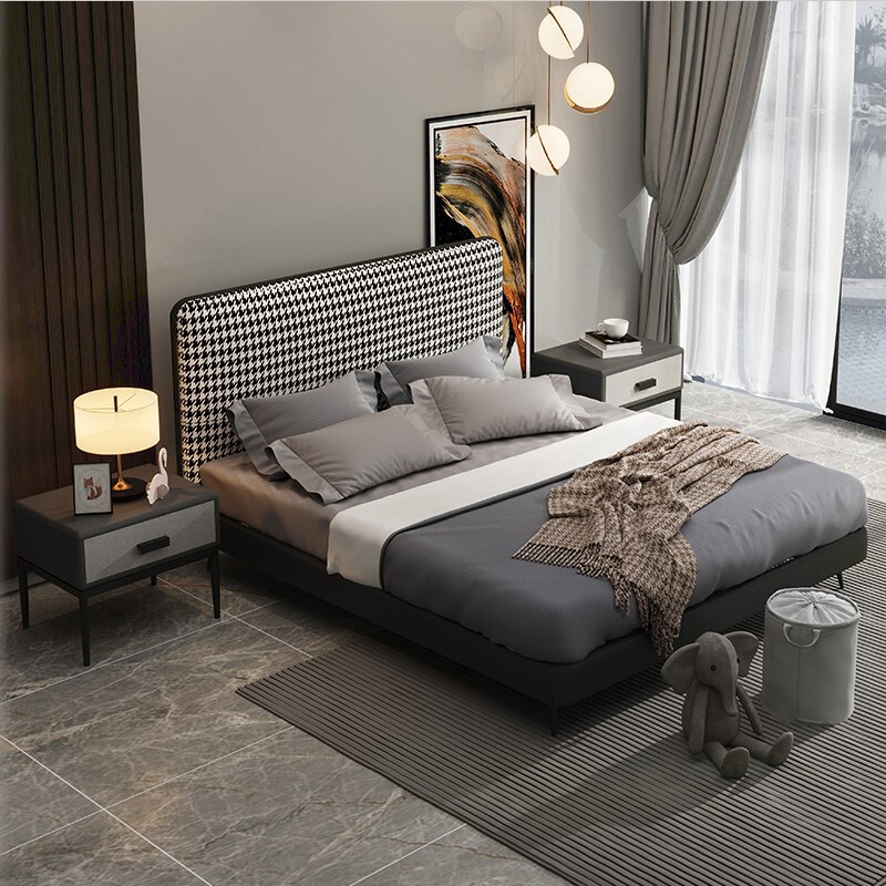 Nordic houndstooth fabric bed 1 8m Italian minimalist removable and washable master bedroom double bed modern light luxury small apartment bed