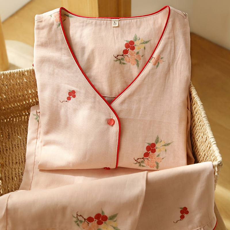 Manqiu Pure Cotton Pajamas for Women, Spring Season, 100% Cotton Fabric, High-End Feel, V-Neck, Printed Long-Sleeve Loungewear, Can Be Worn Outside