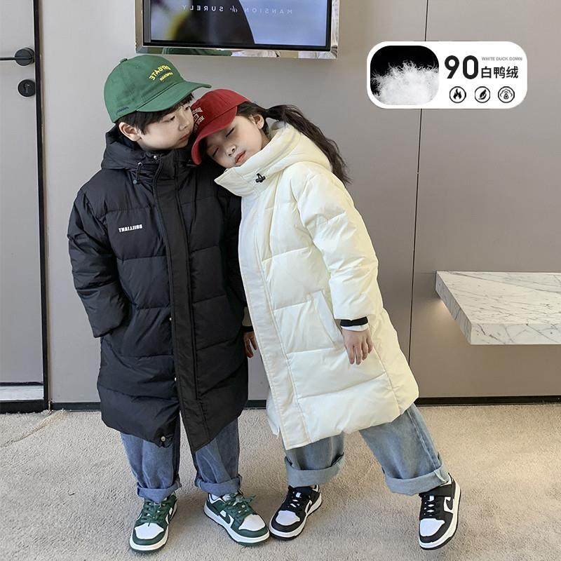 厚手の子供用ダウンジャケット、2025年新スタイル、ファッショナブル、ミドル丈、フード付き、男の子と女の子向けの白いダックダウンベビー冬用コート。