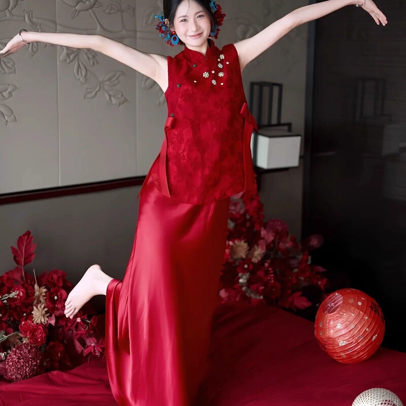New Chinese-Style Red Cheongsam Bridal Morning Gown Wedding Toast Dress Engagement Dress Chinese Style Two-Piece Casual Dress for Women