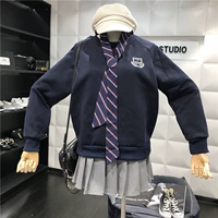 Cà vạt rộng top 2018 thu đông mới thêu hoang dã cổ tròn giản dị áo thun raglan tay áo học sinh áo hoodie nữ cute