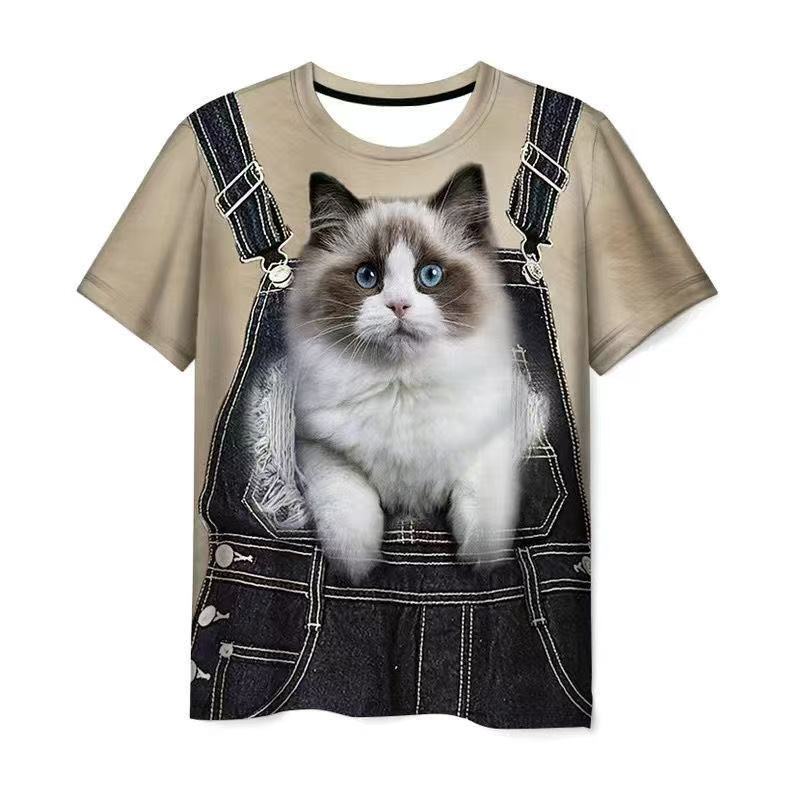 Cute Cat Attack Fake Two-Piece Suspender Short-Sleeve T-Shirt with 3D Cat Print for Women, Summer Loose Fit, Age-Reducing Student Style Cute Cat Attack Fake Two-Piece Suspender Short-Sleeve T-Shirt with 3D Cat Print for Women, Summer Loose Fit, Age-Reducing Student Style