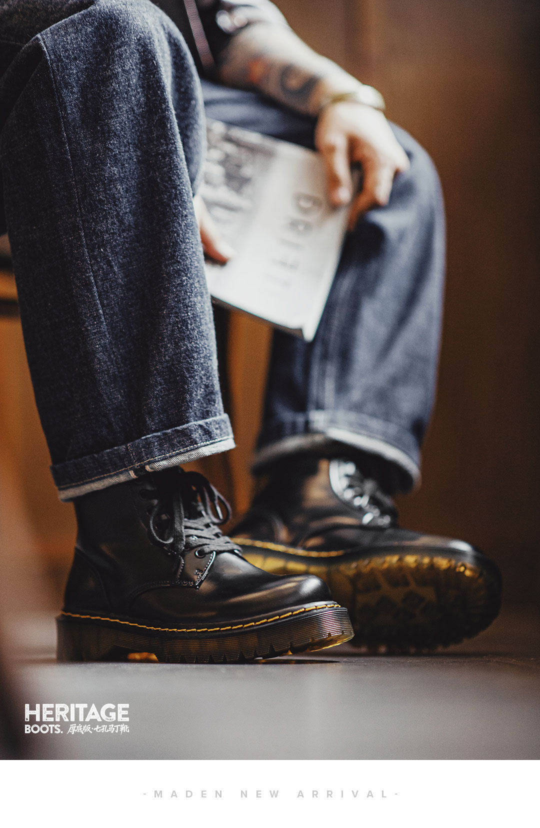 MADEN Leather Lace-Up Mid-Top Martin Boot
