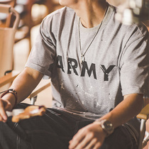Madden overwear Japanese vintage ARMY gray T-shirt autumn fried street round neck print letter short sleeve male tide