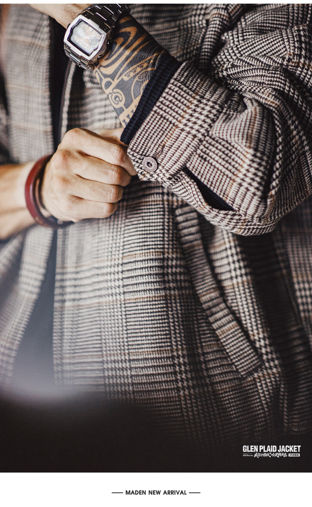 MADEN Houndstooth Stand Collar Harrington Jacket
