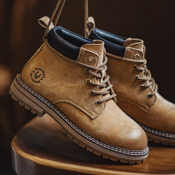 Madden American-Style Hunting Martin Boots, Retro Cool Mid-Top Yellow Boots, Motorcycle Fleece-Lined Work Boots, Men's Winter Boots
