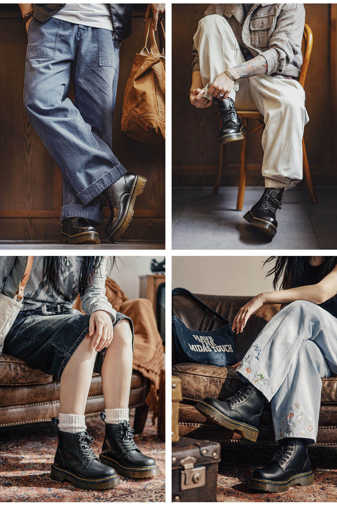 MADEN Leather Lace-Up Mid-Top Martin Boot