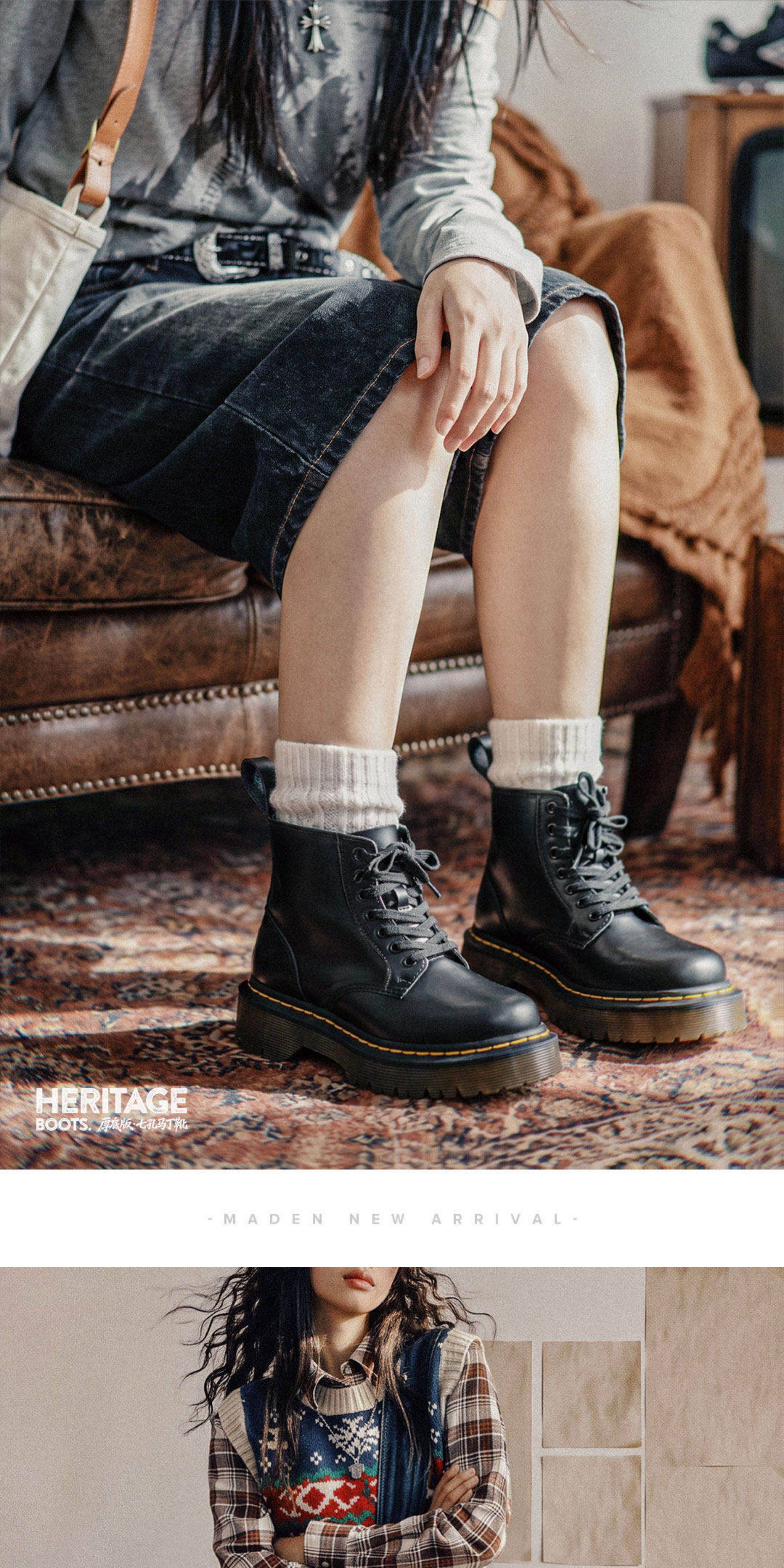 MADEN Leather Lace-Up Mid-Top Martin Boot