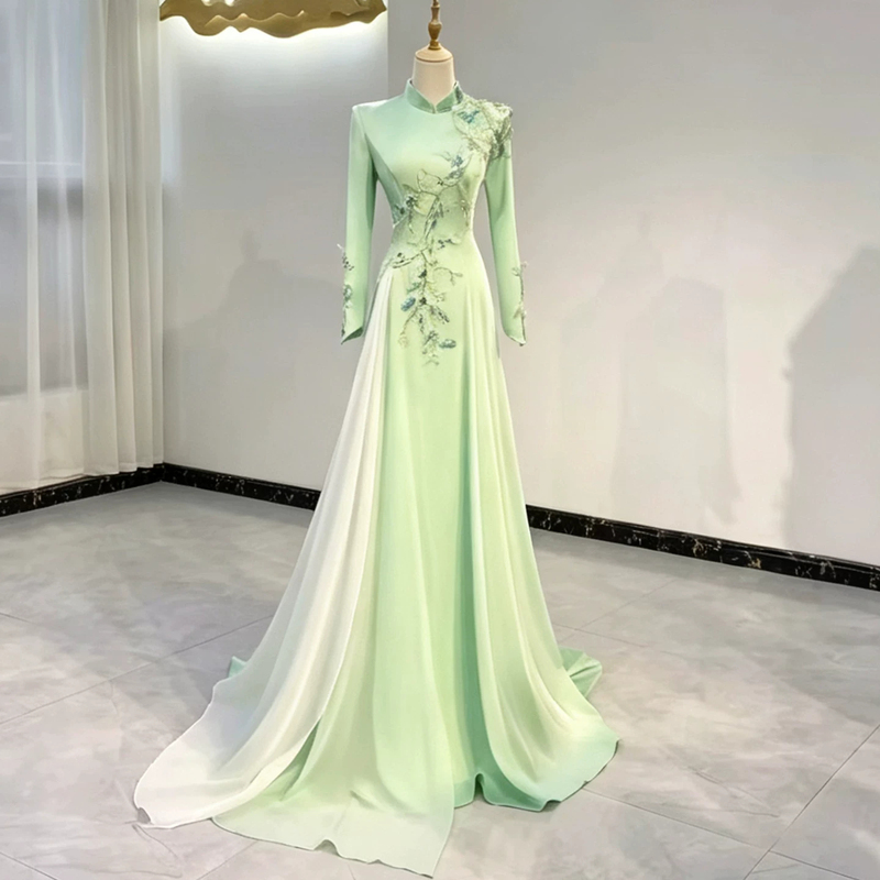 Vocal Performance Exam Solo Evening Gown Long-Sleeve Host High-End Elegant Ethnic Music Student Performance Outfit Stage Performance