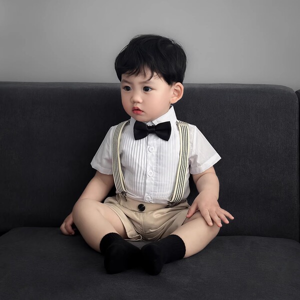 Baby Boy's One-Year-Old Formal Suit Set, Summer Boys' Stylish Suit, Children's Suspenders Two-Piece Set, Flower Boy Host Outfit — 4