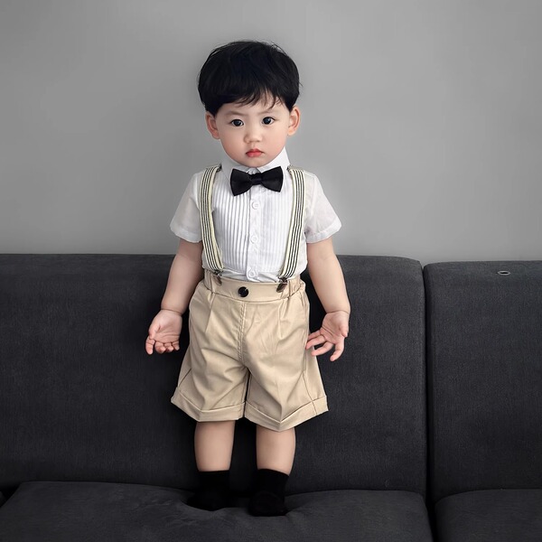 Baby Boy's One-Year-Old Formal Suit Set, Summer Boys' Stylish Suit, Children's Suspenders Two-Piece Set, Flower Boy Host Outfit — 3