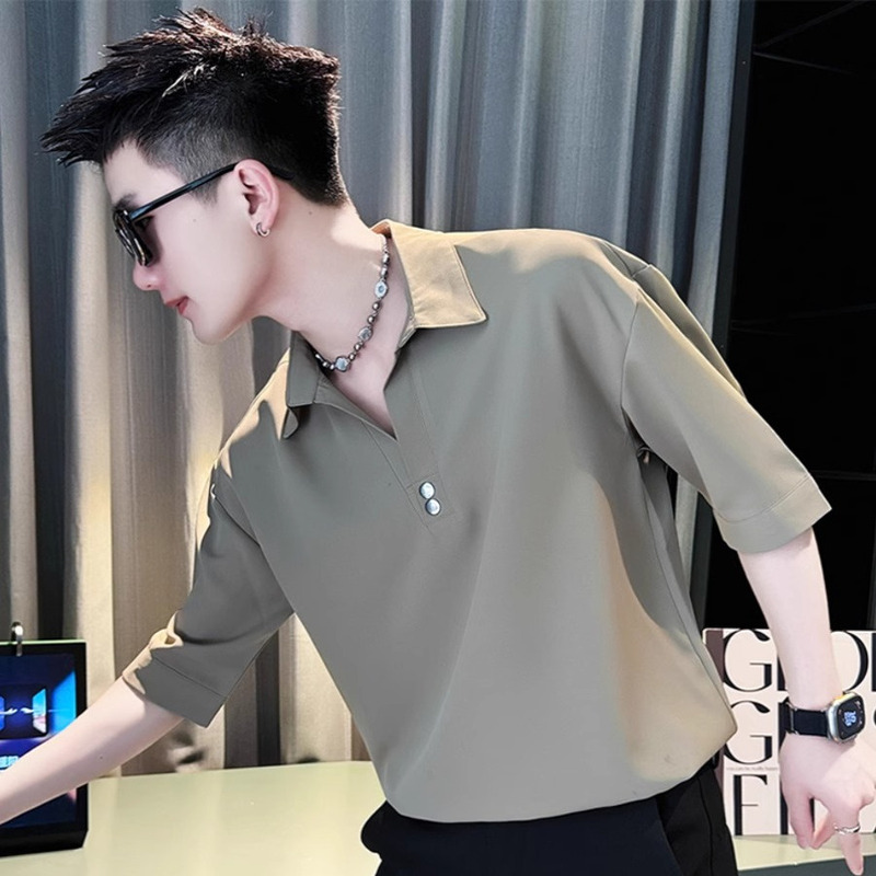 V-Neck Casual Short-Sleeved Men's 2026 New Summer Ice Silk Quick-Drying Thin Solid Color Shirt Polo Shirt Half-Sleeved T-Shirt