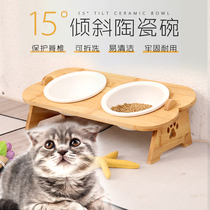 Cat Bowl double-bowl solid wood ceramic bowl protect cervical spine Pitched Cat Rice Basin Anti-Turn Bowl Rack Pet Table Dog Bowl
