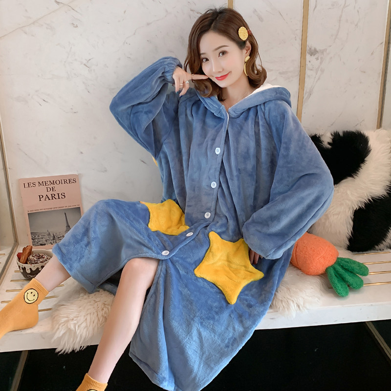 Nightgown women's spring, autumn and winter thickening, warm and cute plus velvet star loose plus size long version coral fleece pajamas winter