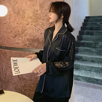 Sexy Sleepwear Womens Tennis Red Pops 2021 Ice Silk Long Sleeve Suit Pure Color Lace Silk Can Outwear Home Clothing