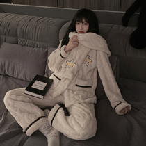 Winter pyjamas woman autumn and winter coral suede thickened and velvety star flange suede Long sleeves Home Residence Clothing Net Red Bursting suit