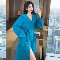 Korean Version Sexy Bathrobe Woman Autumn Winter Thin combed pure cotton long sleeve with cap sleeping robe female lengthened section can be worn all four seasons