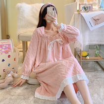 2021 New Coral Suede Sleeping Dress Woman Autumn Winter Thickened with Velvety Warm Sweet Princess Wind Long style pyjamas