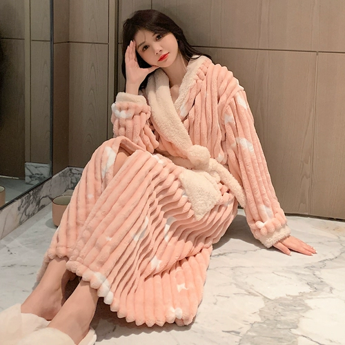 Коралловая бархатная демисезонная пижама, фланелевый осенний длинный банный халат, коллекция 2022, увеличенная толщина