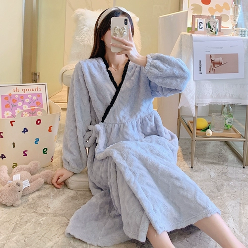 Демисезонный коралловый бархатный банный халат, милый свежий длинный ремень, зимняя пижама, увеличенная толщина