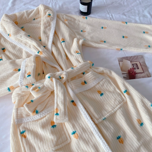 Демисезонный коралловый бархатный фланелевый банный халат, бархатная флисовая длинная милая пижама, 2025 года, увеличенная толщина