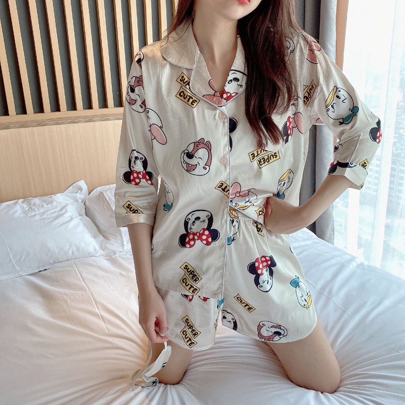 Pajamas women's summer cartoon plaid net red printing ice silk thin suit pajamas ins sleeve shorts home service