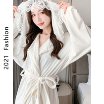 Style Superior Sense Pure Color Pyjamas Woman Spring Fall Sexy Lace Sleeping Robe Pure Desire Island Suede Winter Thin bathrobe