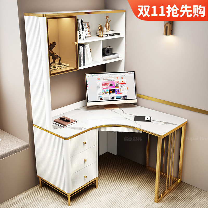 Light luxury corner desk bookshelf combination bookcase integrated rock board computer desk modern minimalist home children's study table