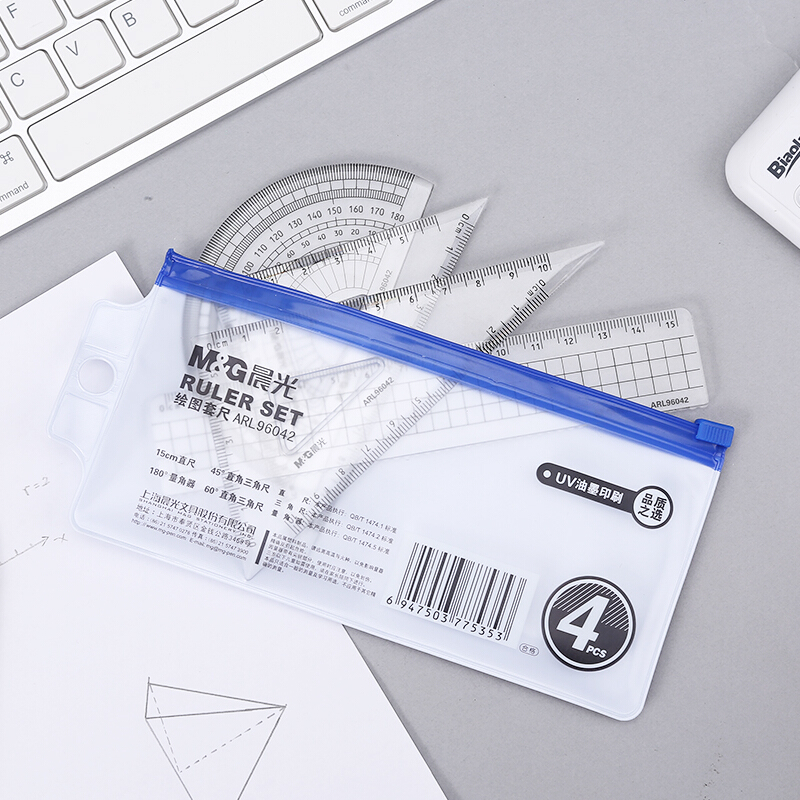 Morning light painting sleeve ruler drawing 4 sets ruler for primary and middle school students with transparent triangular plate protractor examination ruler