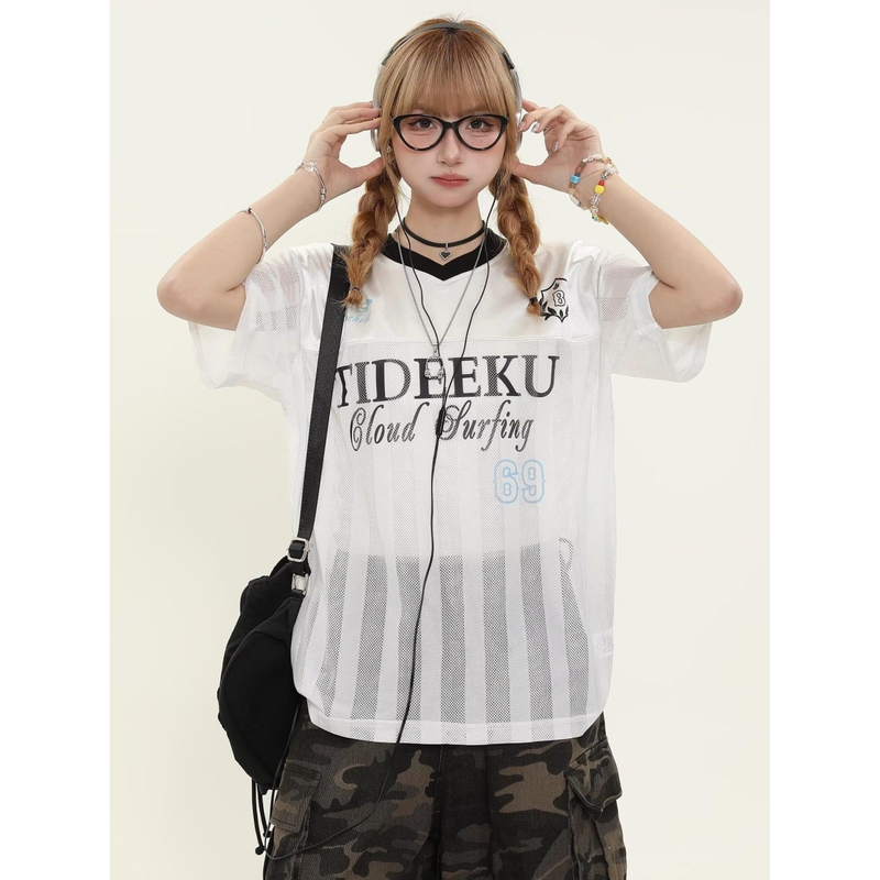 Doubled American Street Style Jersey-Style Striped Patchwork Sports Jersey for Men and Women, Summer V-Neck Loose Short-Sleeved T-Shirt