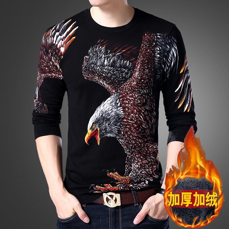 Mùa đông cộng với áo len dày nhung nam in áo len trẻ trung với hoa văn cashmere len ấm áp áo len nam quần jean nam ống rộng