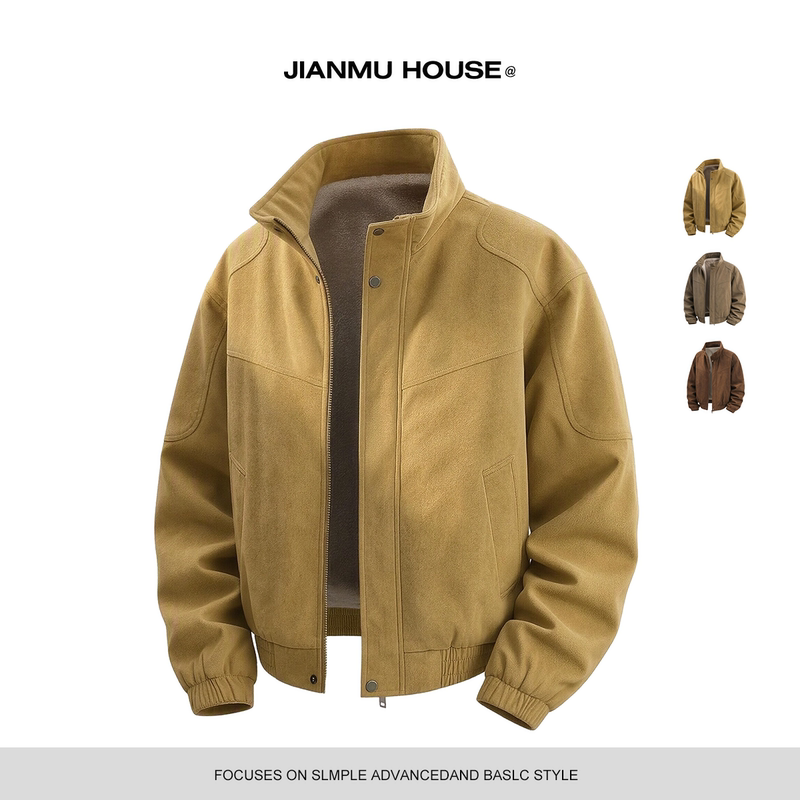 Jianmu House Autumn and Winter Suede Stand-Up Collar Jacket for Men, American Tough Guy Style, Oversized, Fleece-Lined and Thickened Workwear Jacket Jianmu House Autumn and Winter Suede Stand-Up Collar Jacket for Men, American Tough Guy Style, Oversized, Fleece-Lined and Thickened Workwear Jacket