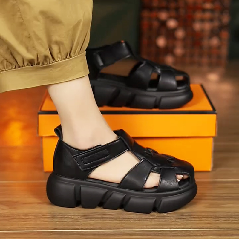 Women's Genuine Leather Platform Sandals 2026 Summer New Style Hollow Retro Fashion Platform Shoes Roman Closed-Toe Sandals Women's Genuine Leather Platform Sandals 2026 Summer New Style Hollow Retro Fashion Platform Shoes Roman Closed-Toe Sandals