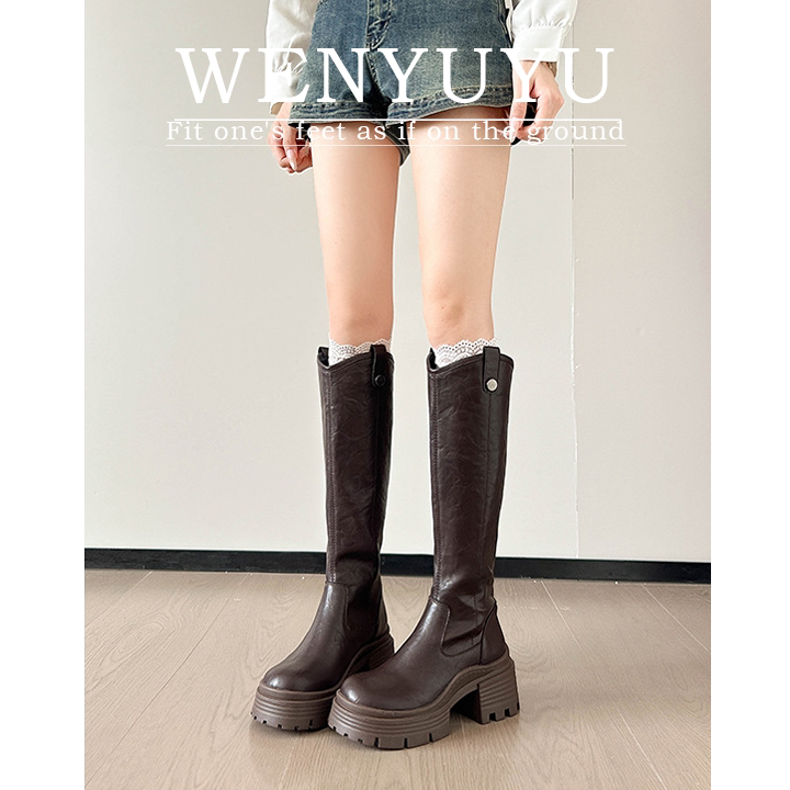 Maillard Retro Style Genuine Leather Long Boots for Women, 2025 Autumn New Thick-Soled Height-Increasing Slimming Leg-Lengthening Riding Boots