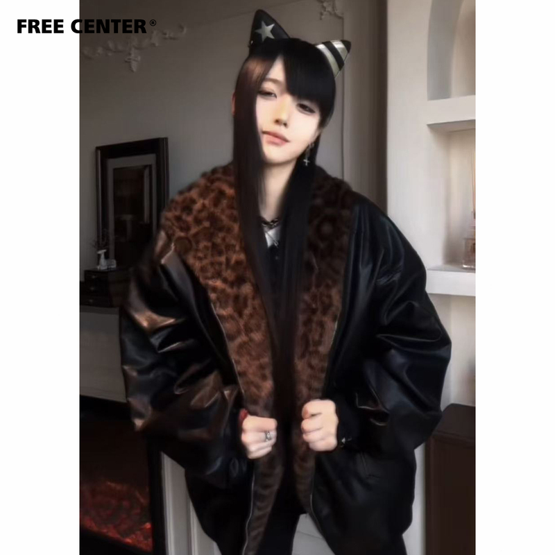 Free Center Reversible Fur Integrated Mountain Carving Jacket for Men and Women, Winter Thickened Loose Hooded Leather Jacket