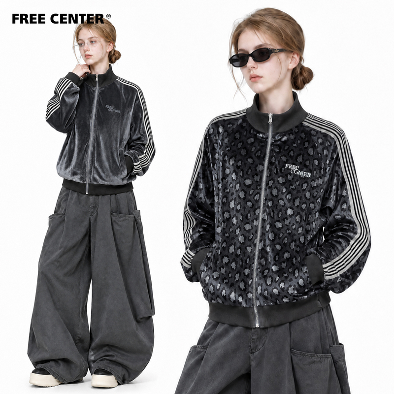 Freecenter Reversible Leopard Print Stand Collar Jacket for Men and Women, New American Style Sports Casual Cardigan for Autumn Freecenter Reversible Leopard Print Stand Collar Jacket for Men and Women, New American Style Sports Casual Cardigan for Autumn