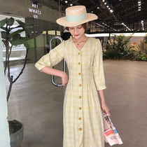 2021 new summer smart skirt French high waist vintage over knee female v collar single breasted yellow plaid dress