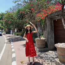 Hainan Sanya beach skirt woman seaside resort Long dress sweet and sexy dew back red bubble harnesses even dress
