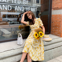 2021 summer new super fairy fairy skirt vneck high waist thin temperament chiffon yellow print dress