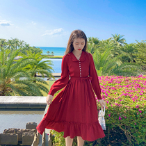 2022 spring new French style vintage Herbena wind lace collection waist display slim covered meat dolls collar red dress women