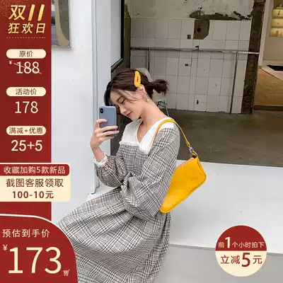 2021 Spring New Female French Palace V-Collar Waist Long Edition Temperament Splice Vintage Plaid Dress