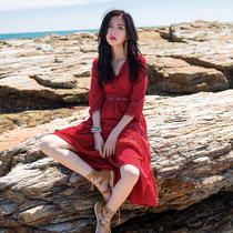 2022 new summer collection waist display slim covered beach dresses long skirt seaside holiday Sanya superfairy red dress woman