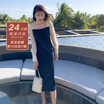 2022 spring dress French style Balloon Skirt cashew Hart Thin Temperament Herben Wind Small Black Dress Medium Long black dress Skirt Woman