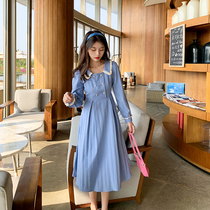 2022 Spring new tea hysteria lace splicing dolls collar cashew slim mid-length blue Lions dress