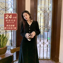 Retro Pharma Pearl Buckle Lace Splicing Autumn winter long dress collection waist small black dress thick wool suede lamp core suede dress