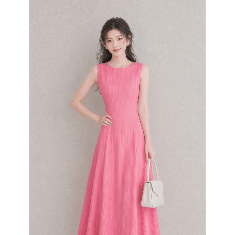 Deng Liuli French Retro Style White-Enhancing Raspberry Pink Vest Dress for Women, Summer Waist-Cinching Long Dress with a Large Skirt Deng Liuli French Retro Style White-Enhancing Raspberry Pink Vest Dress for Women, Summer Waist-Cinching Long Dress with a Large Skirt